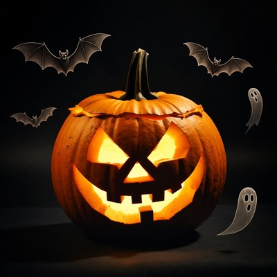 Jack-o'-lantern with bats and ghosts