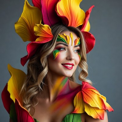Woman in vibrant flower costume