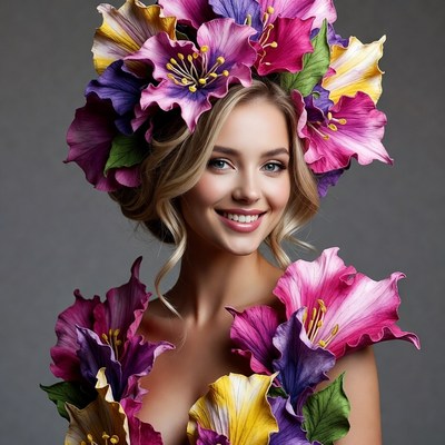 Blonde woman wearing colorful hibiscus flower crown