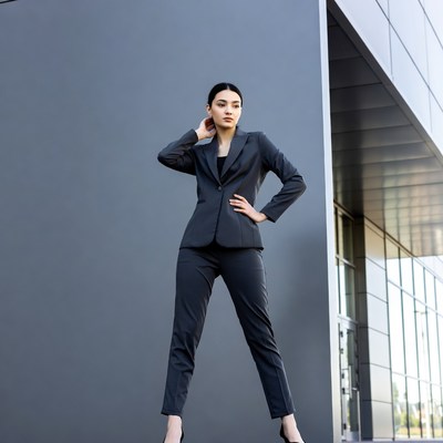 Asian woman in gray suit posing confidently