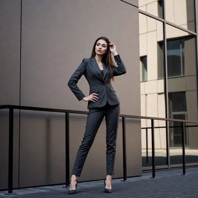 Woman in gray suit posing urban