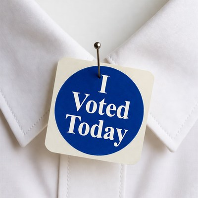 I Voted Today badge on white shirt