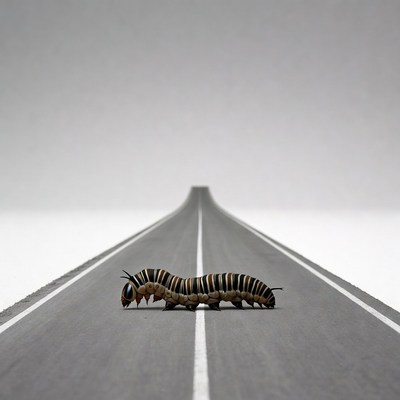 Caterpillar crawling on empty road