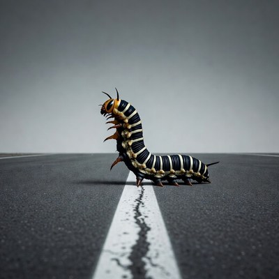 Black and yellow caterpillar on road