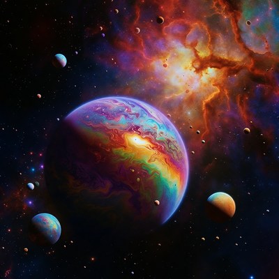 Colorful Iridescent Planet in Nebula