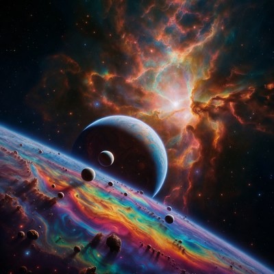 Vibrant Nebula with Blue Planet and Moons