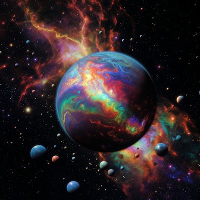 Colorful Iridescent Planet in Nebula