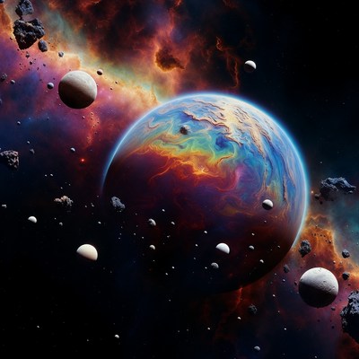 Colorful Iridescent Planet in Nebula