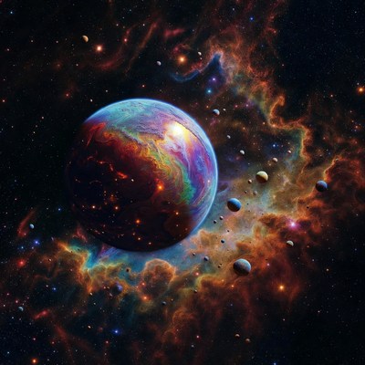 Colorful Planet in Cosmic Nebula