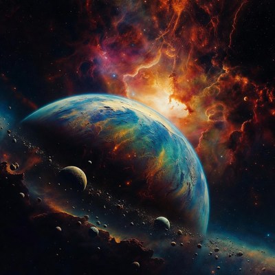 Blue Planet in Fiery Nebula