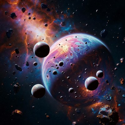 Vibrant Nebula with Colorful Planets