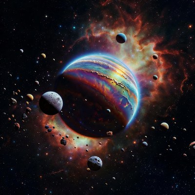 Colorful Iridescent Planet in Nebula