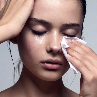Woman wiping tears with tissue