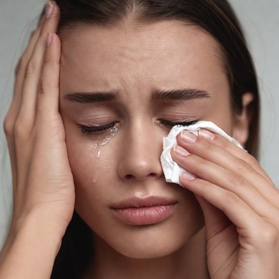 Woman crying holding tissue