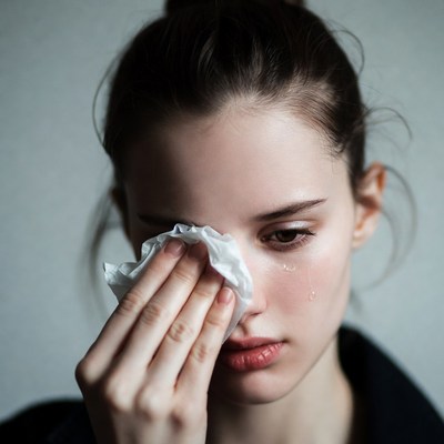 Woman crying holding tissue