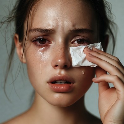 Woman crying holding tissue