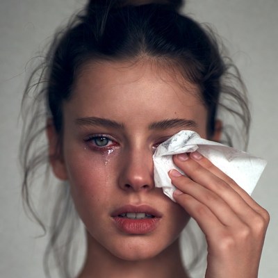 Woman wiping tear with tissue