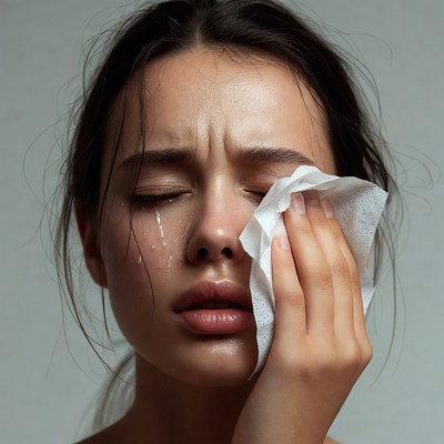 Woman crying with tissue
