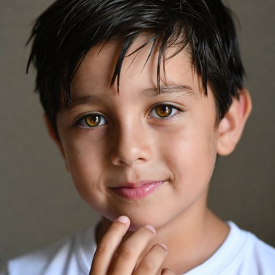 Smiling boy with hand on chin