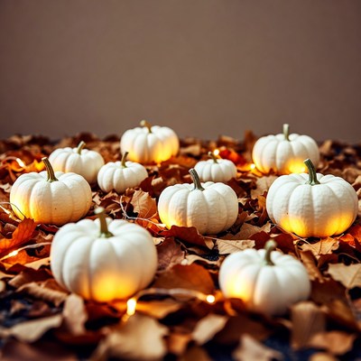 White Pumpkins on Fall Leaves
