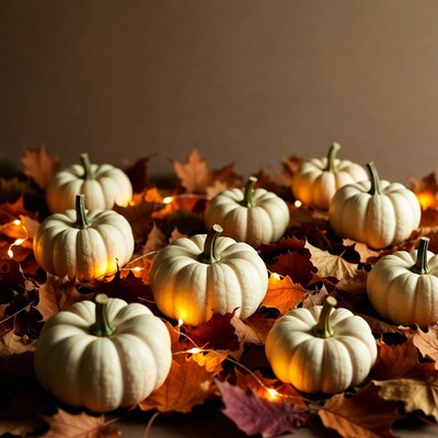 White Pumpkins on Autumn Leaves