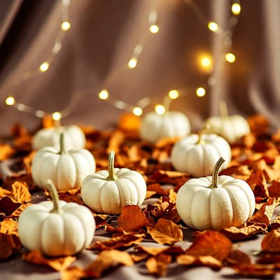 White Pumpkins on Fall Leaves