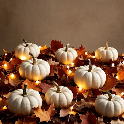White Pumpkins on Autumn Leaves