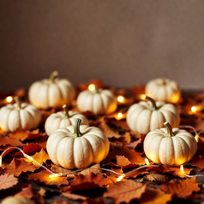 White Pumpkins on Autumn Leaves