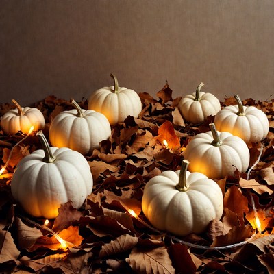 White Pumpkins with Fairy Lights on Autumn Leaves