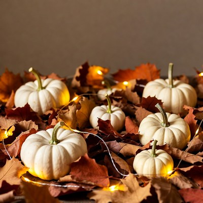 White Pumpkins on Autumn Leaves