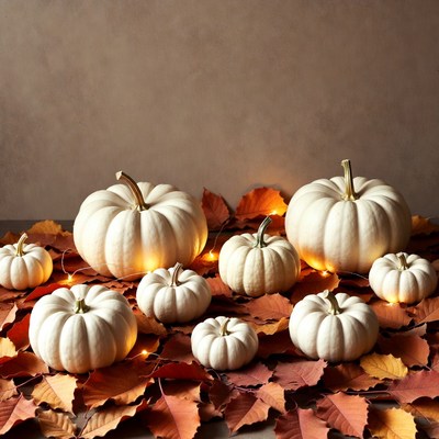 White Pumpkins on Autumn Leaves