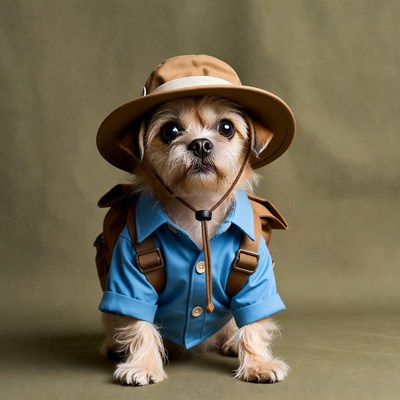 Dog explorer wearing hat and backpack