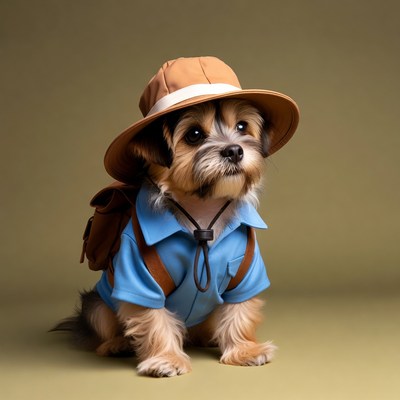 Puppy explorer in hat and backpack
