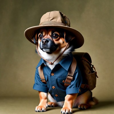 Dog Wearing Explorer Hat and Backpack
