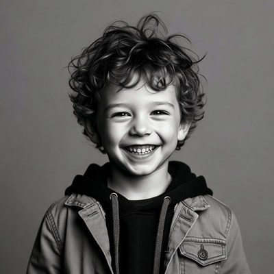 Curly-haired boy smiling happily