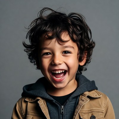 Curly-haired boy smiling happily