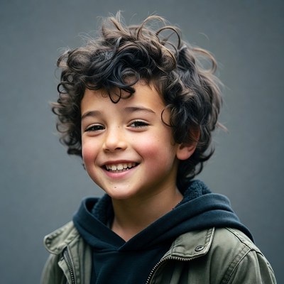 Curly-haired boy smiling happily