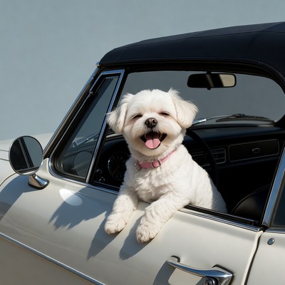 White Shih Tzu in vintage car