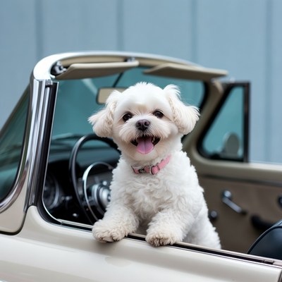 White Shih Tzu in Convertible Car