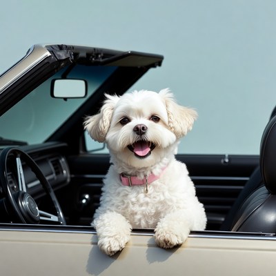 White fluffy dog in convertible car