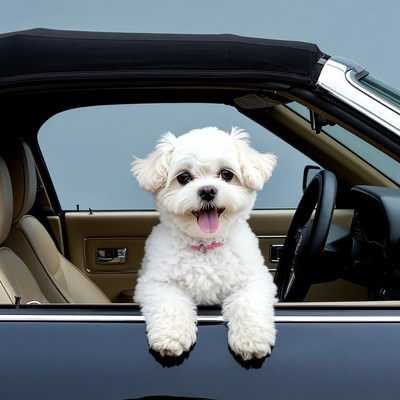 White fluffy dog in convertible car