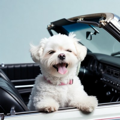 White Shih Tzu in convertible car