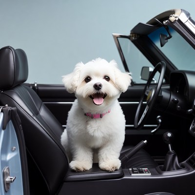 White fluffy dog in convertible car