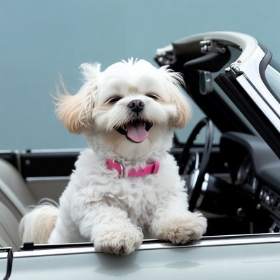 Smiling Shih Tzu in convertible car