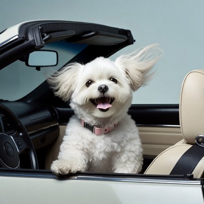 White fluffy dog driving convertible car
