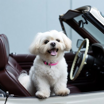 White Shih Tzu in convertible car