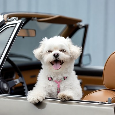White Shih Tzu in convertible car