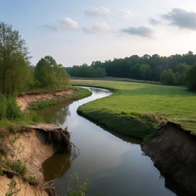 Winding River Through Green Forest Meadow