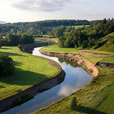 Winding River Through Green Hills