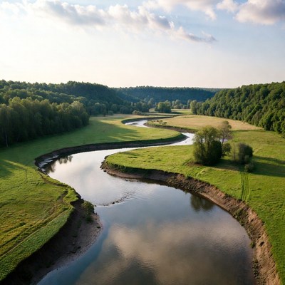 Winding River Through Green Forest Valley